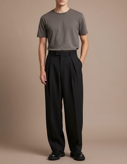 Pantalon À Pince Noir Ample Plissé Décontracté Homme - Gabardine