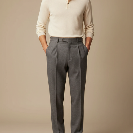Pantalon À Pince Gris Plissé Tissu Élégant Décontracté - Laine