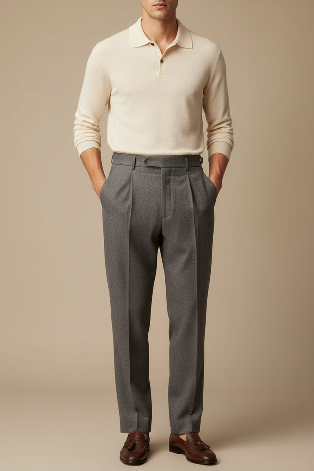 Pantalon À Pince Gris Plissé Tissu Élégant Décontracté - Laine