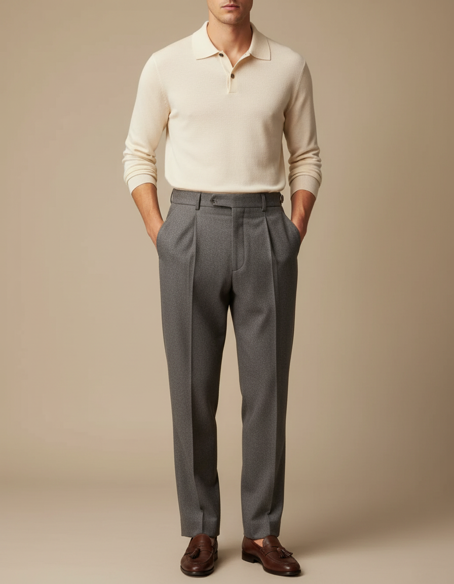 Pantalon À Pince Gris Plissé Tissu Élégant Décontracté - Laine