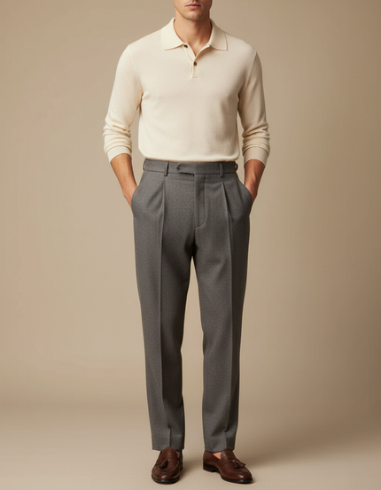 Pantalon À Pince Gris Plissé Tissu Élégant Décontracté - Laine