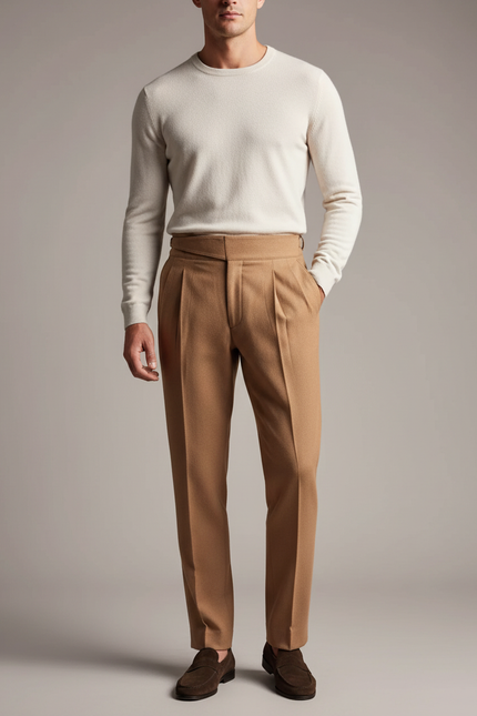 Pantalon À Pince Marron Laine Plissé Homme Élégant - Camel