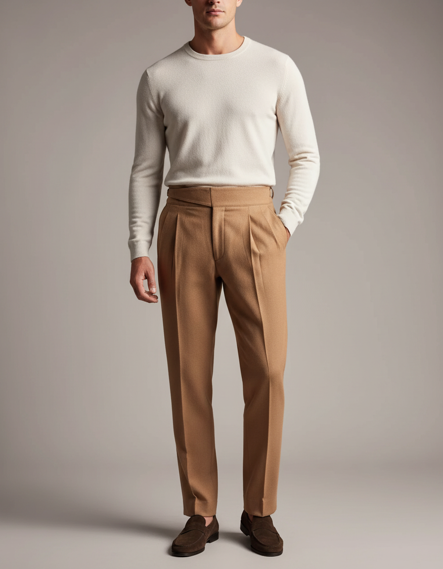Pantalon À Pince Marron Laine Plissé Homme Élégant - Camel