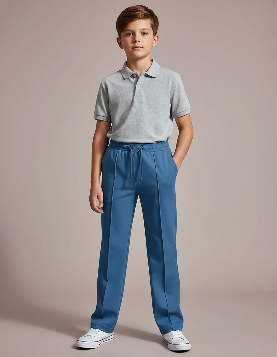 Pantalon À Pince Bleu Droit Cordon Enfant Décontracté - Gabardine