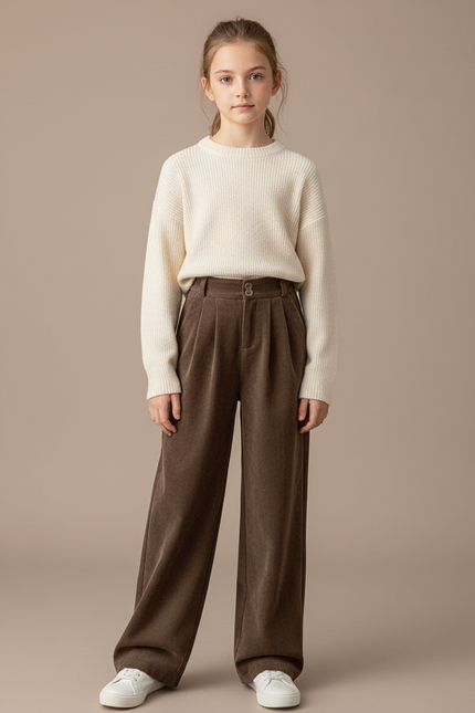 Pantalon À Pince Marron Côtelé Plissé Ample Fille - Cordé