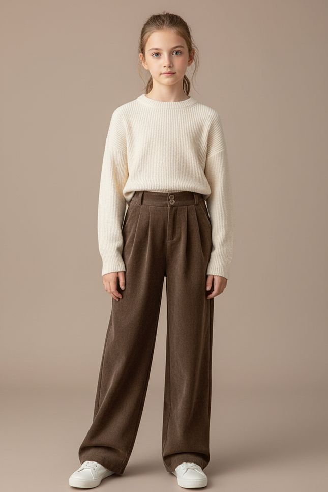 Pantalon À Pince Marron Côtelé Plissé Ample Fille - Cordé