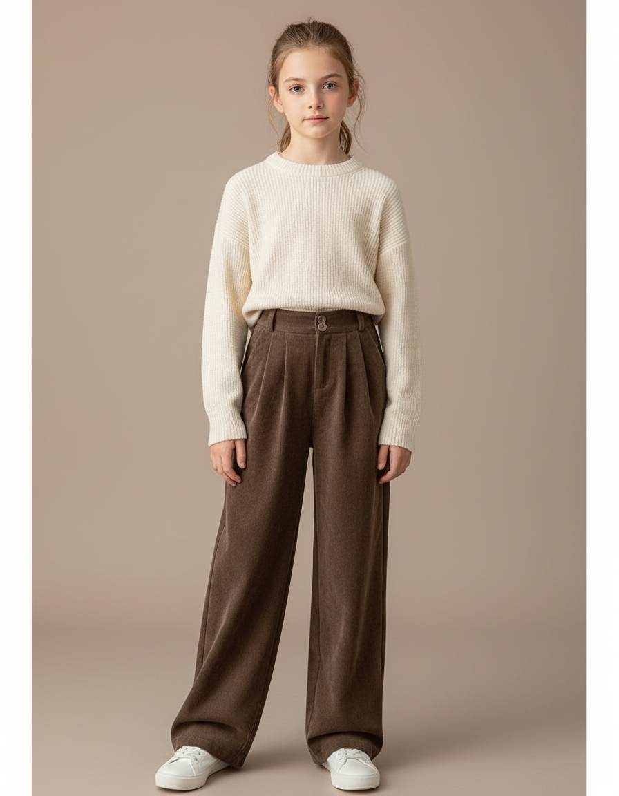 Pantalon À Pince Marron Côtelé Plissé Ample Fille - Cordé