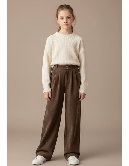 Pantalon À Pince Marron Côtelé Plissé Ample Fille - Cordé
