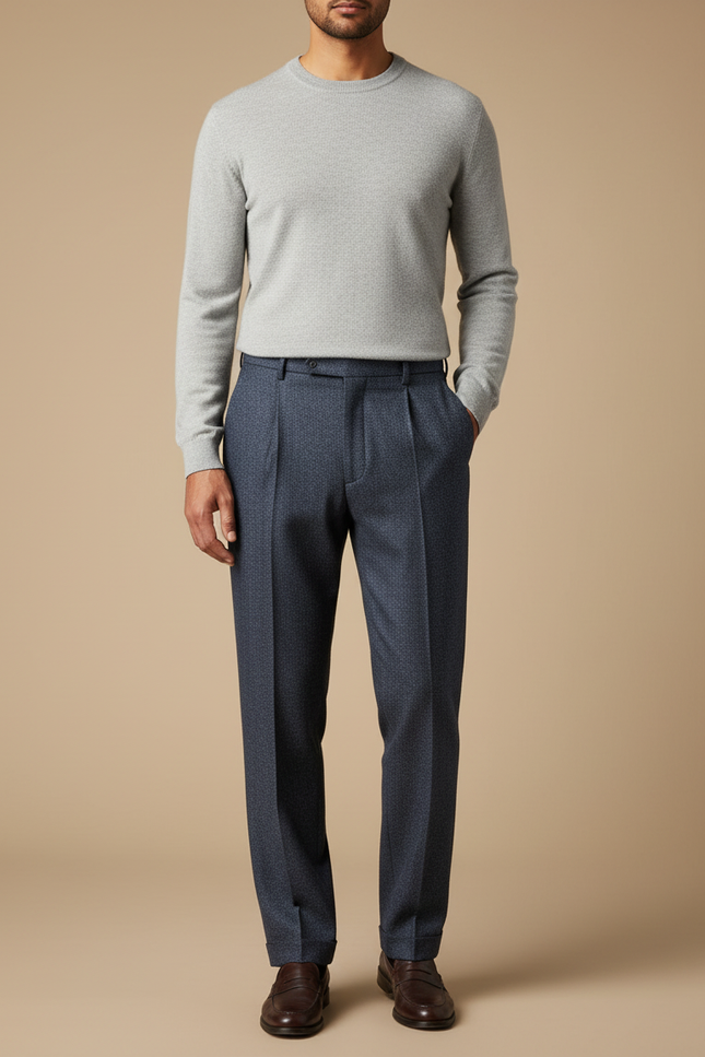 Pantalon À Pince Bleu Marine Plissé Motif Discret Homme - Laine