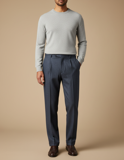 Pantalon À Pince Bleu Marine Plissé Motif Discret Homme - Laine