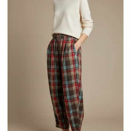 Pantalon À Pince Plaid Écossais Ample Décontracté Taille Haute - Multicolore Laine