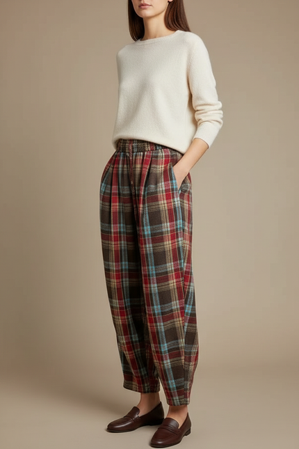 Pantalon À Pince Plaid Écossais Ample Décontracté Taille Haute - Multicolore Laine