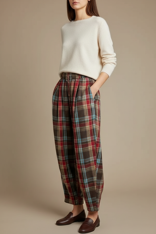 Pantalon À Pince Plaid Écossais Ample Décontracté Taille Haute - Multicolore Laine