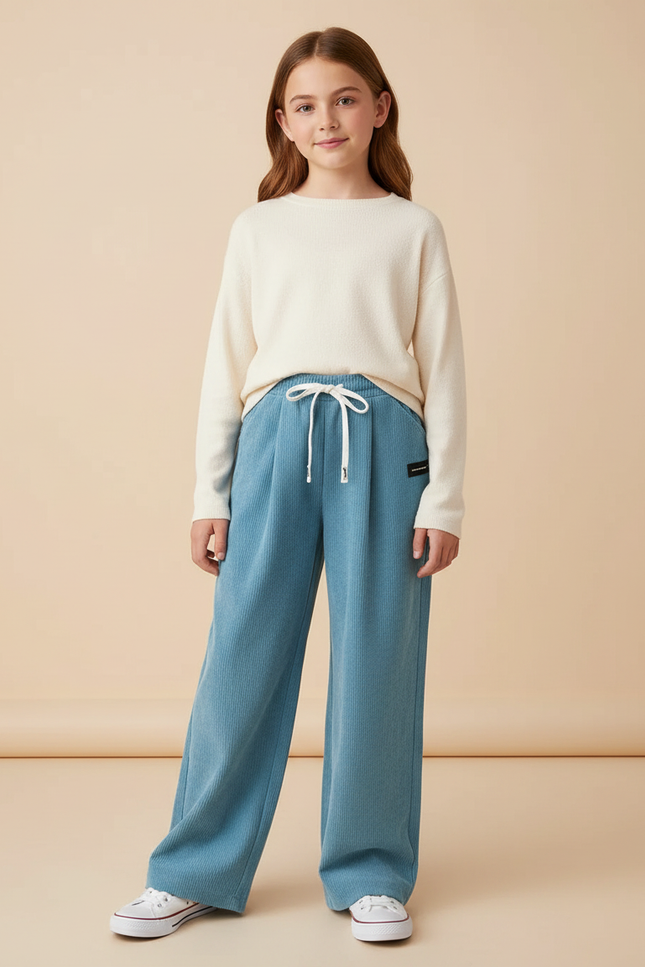 Pantalon À Pince Bleu Côtelé Ample Décontracté Fille - Cordé