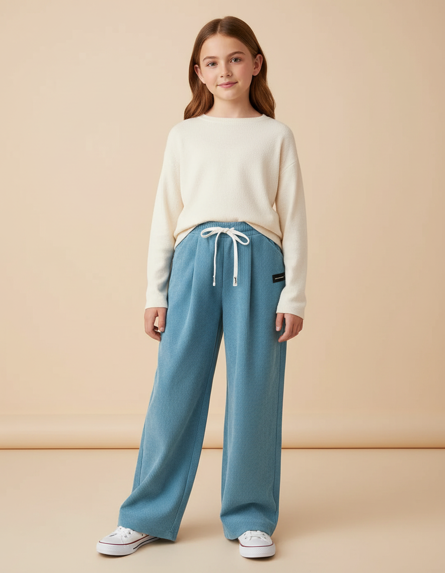 Pantalon À Pince Bleu Côtelé Ample Décontracté Fille - Cordé