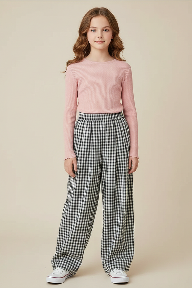 Pantalon À Pince Carreaux Vichy Ample Droit Fille - Imprimé Coton