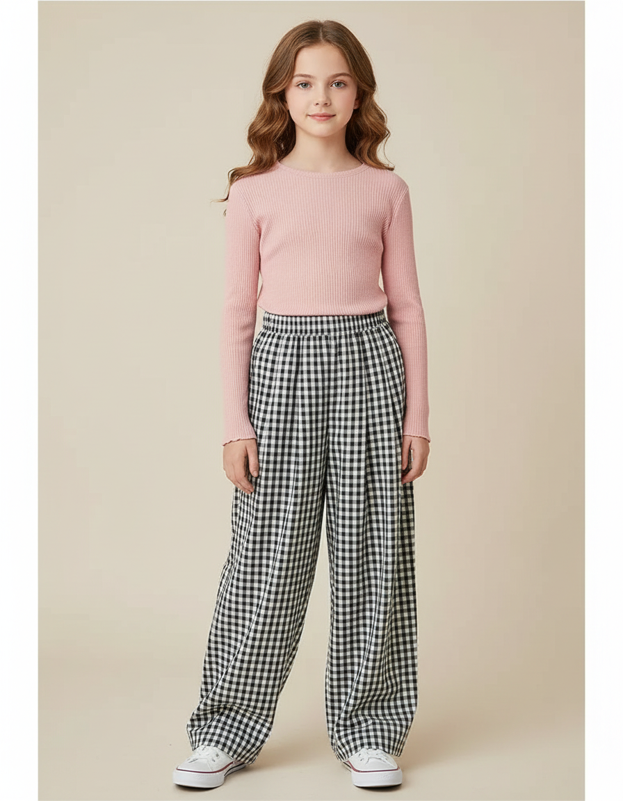 Pantalon À Pince Carreaux Vichy Ample Droit Fille - Imprimé Coton