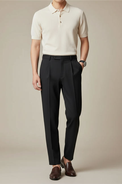 Pantalon À Pince Noir Slim Plissé Habillé Homme - Gabardine