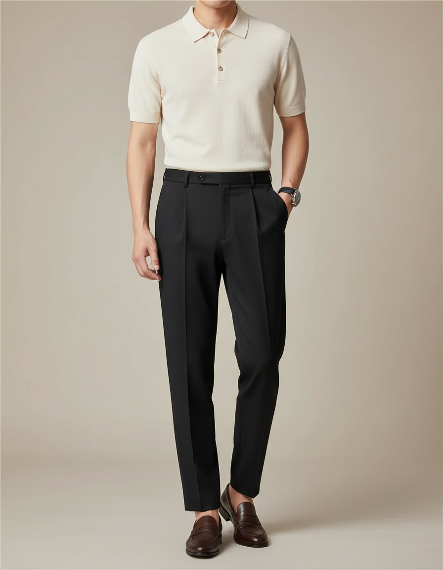 Pantalon À Pince Noir Slim Plissé Habillé Homme - Gabardine
