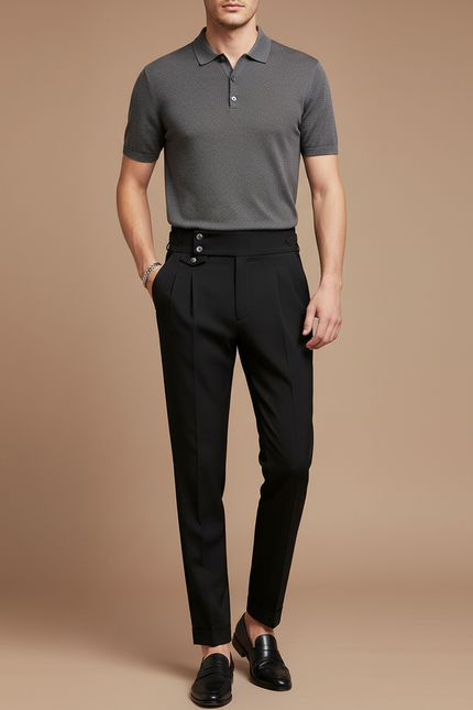 Pantalon À Pince Noir Plissé Taille Haute Élégant Homme - Gabardine