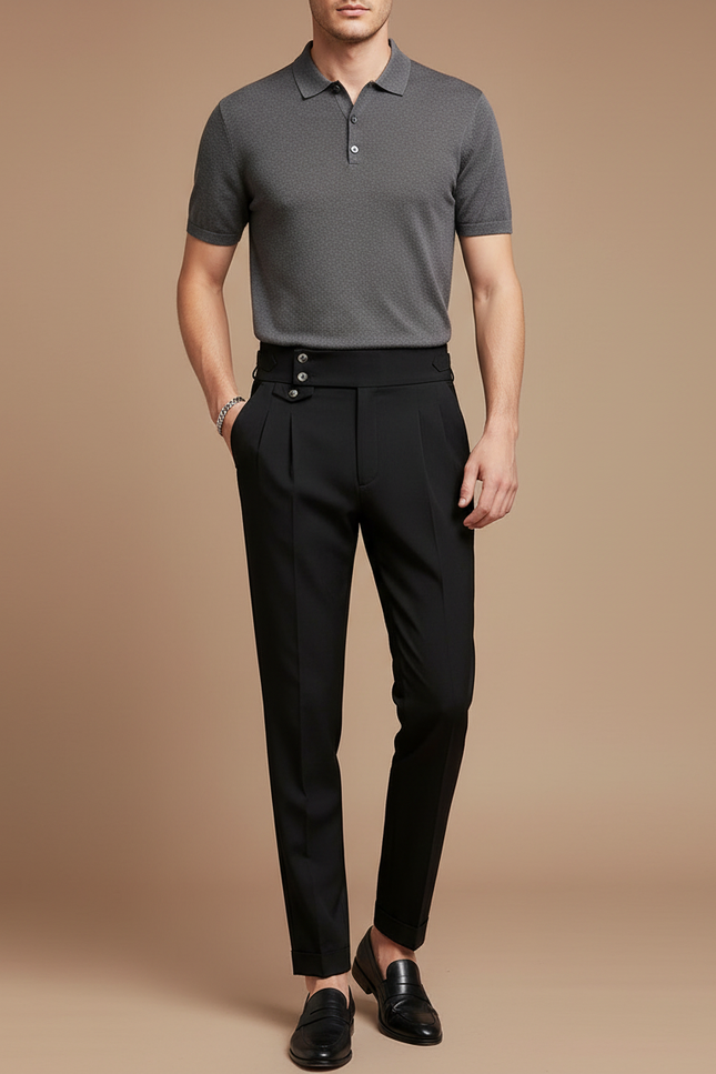 Pantalon À Pince Noir Plissé Taille Haute Élégant Homme - Gabardine