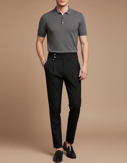 Pantalon À Pince Noir Plissé Taille Haute Élégant Homme - Gabardine
