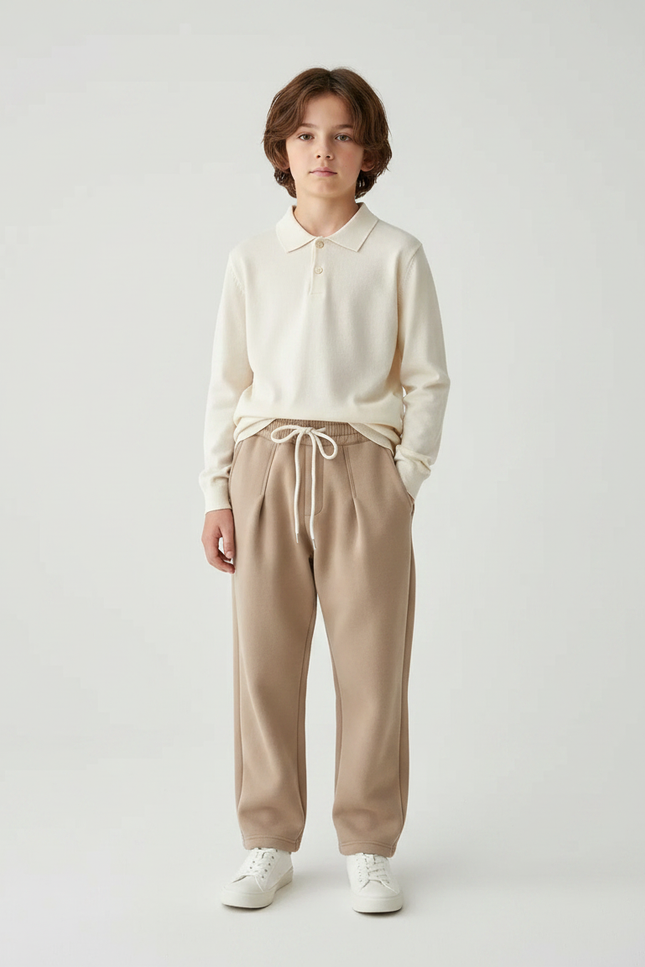 Pantalon À Pince Beige Ample Molleton Enfant Décontracté