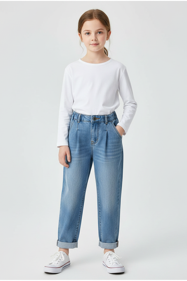 Pantalon À Pince Denim Bleu Ample Enfant Décontracté - Jean