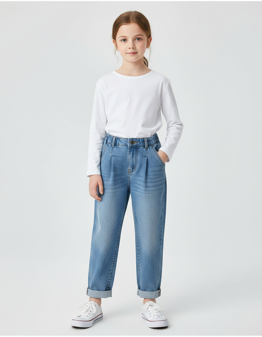 Pantalon À Pince Denim Bleu Ample Enfant Décontracté - Jean
