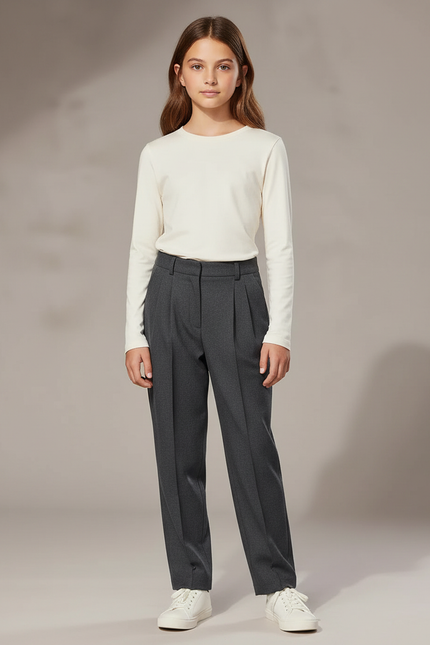 Pantalon À Pince Gris Plissé Droit Décontracté Enfant - Gabardine