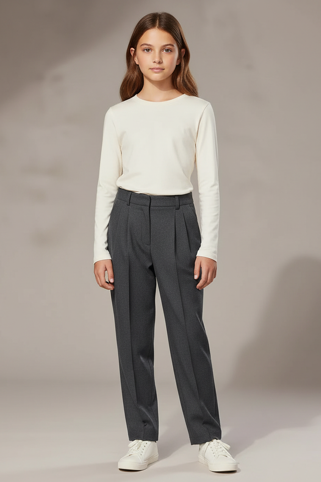 Pantalon À Pince Gris Plissé Droit Décontracté Enfant - Gabardine