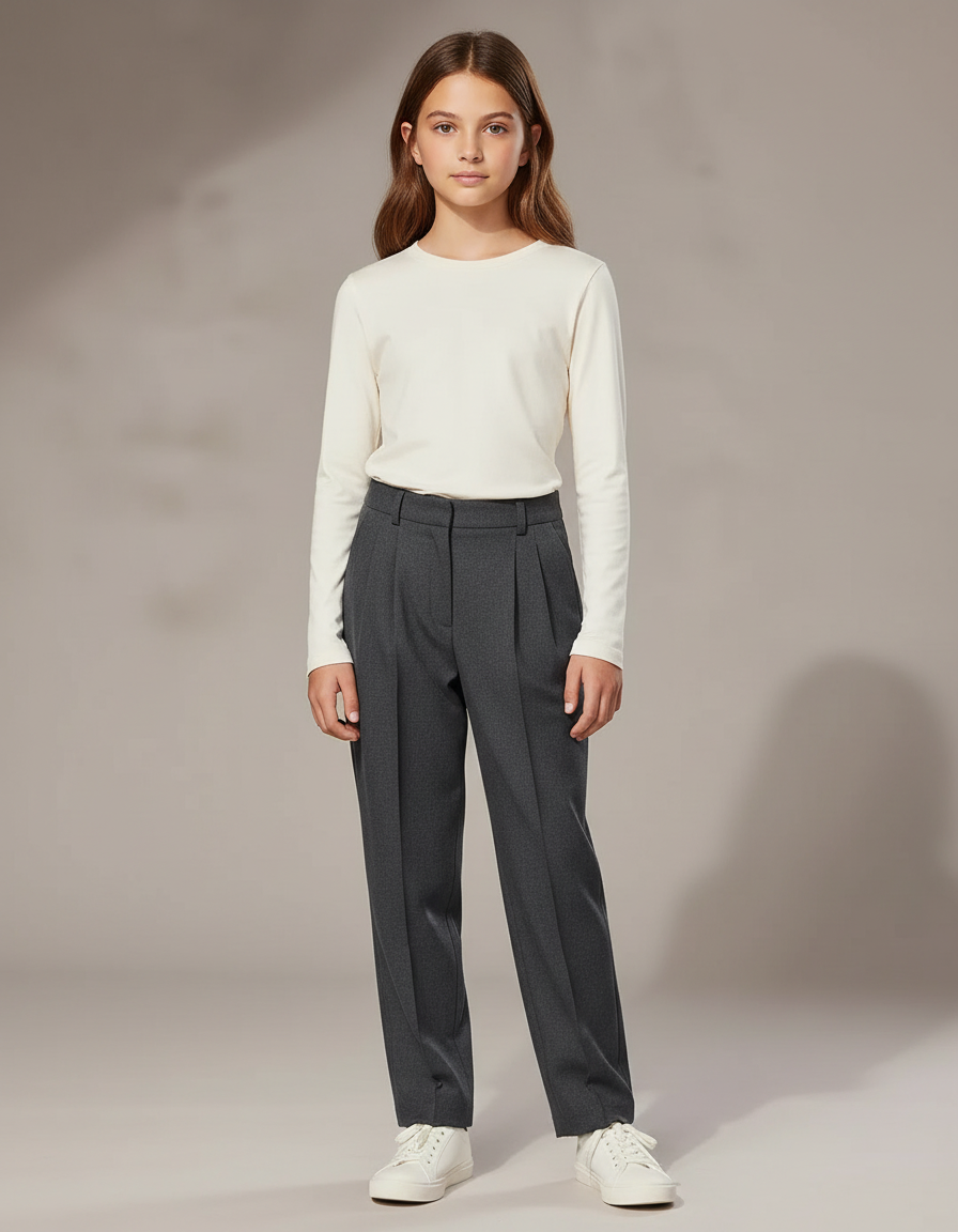 Pantalon À Pince Gris Plissé Droit Décontracté Enfant - Gabardine