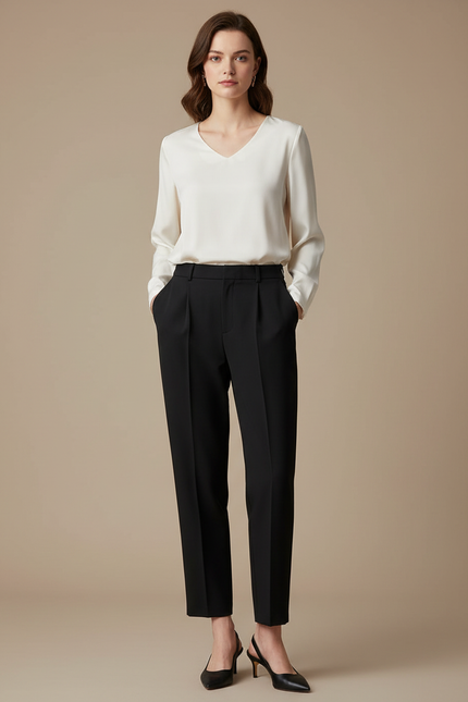 Pantalon À Pince Noir Droit Élégant Femme Fluide - Polyester