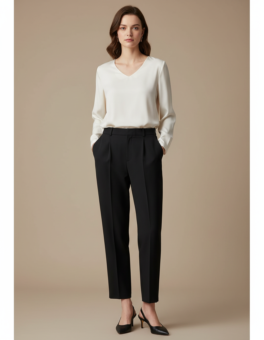 Pantalon À Pince Noir Droit Élégant Femme Fluide - Polyester