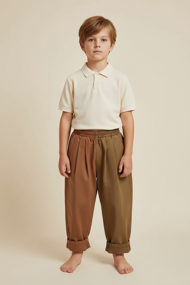 Pantalon À Pince Bicolore Plissé Ample Coton Enfant - Multicolore