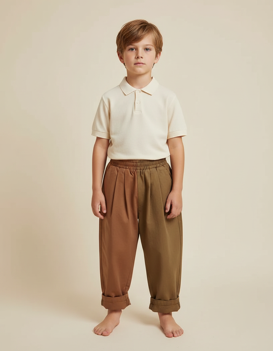 Pantalon À Pince Bicolore Plissé Ample Coton Enfant - Multicolore