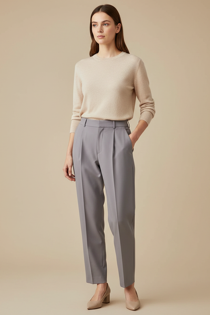 Pantalon À Pince Gris Élégant Droit Fluide Femme - Gabardine