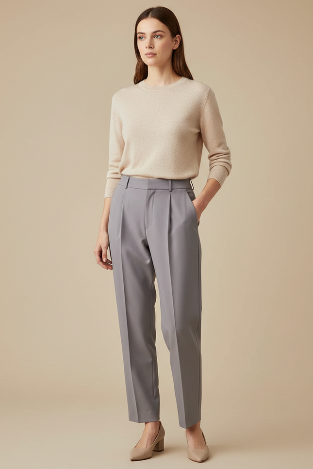 Pantalon À Pince Gris Élégant Droit Fluide Femme - Gabardine