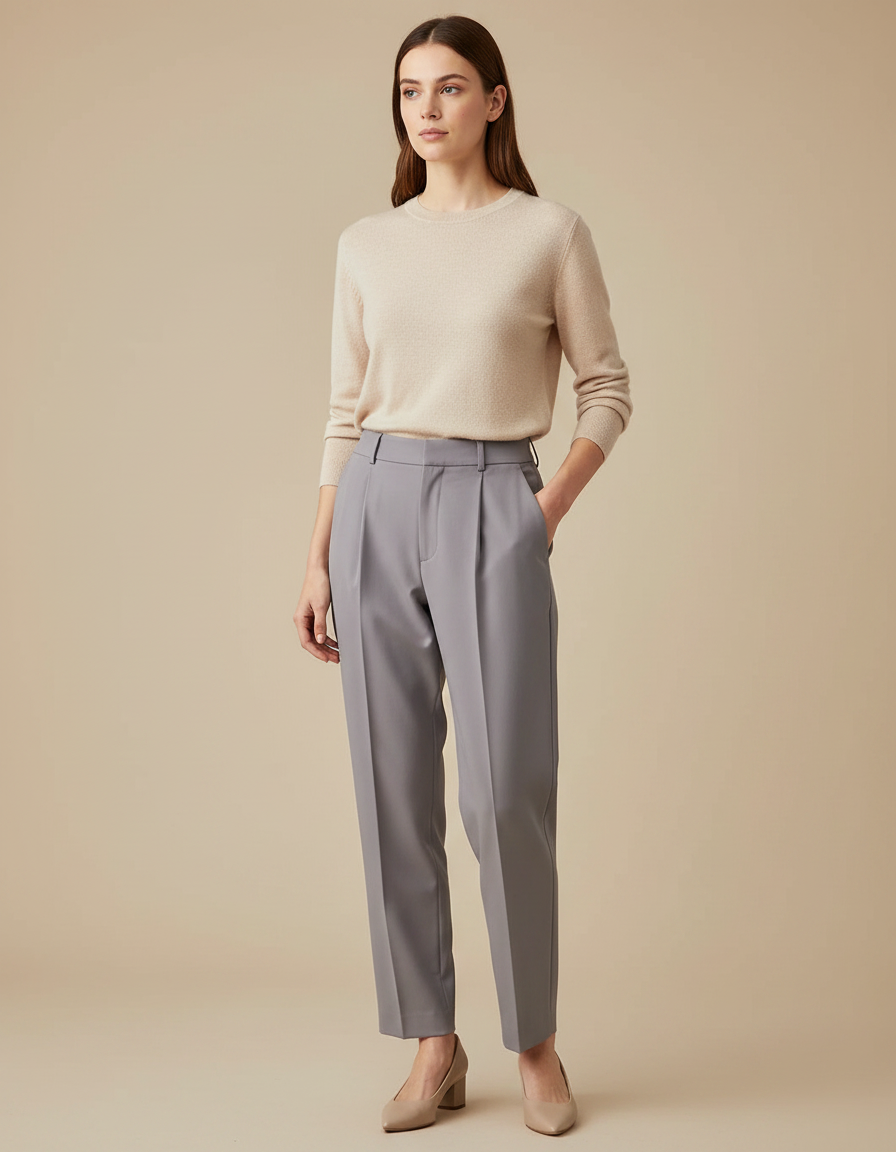 Pantalon À Pince Gris Élégant Droit Fluide Femme - Gabardine