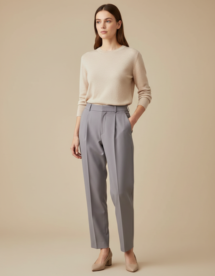 Pantalon À Pince Gris Élégant Droit Fluide Femme - Gabardine