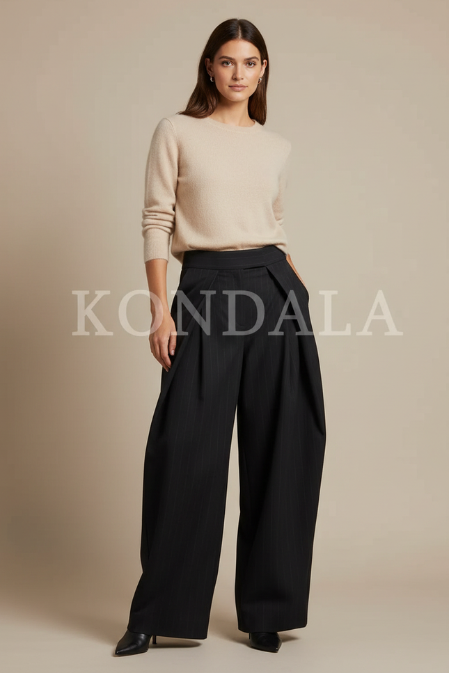 Pantalon À Pince Rayé Femme - Noir Gabardine