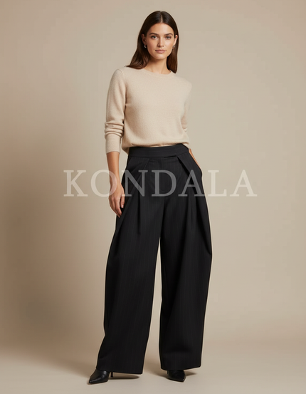 Pantalon À Pince Rayé Femme - Noir Gabardine