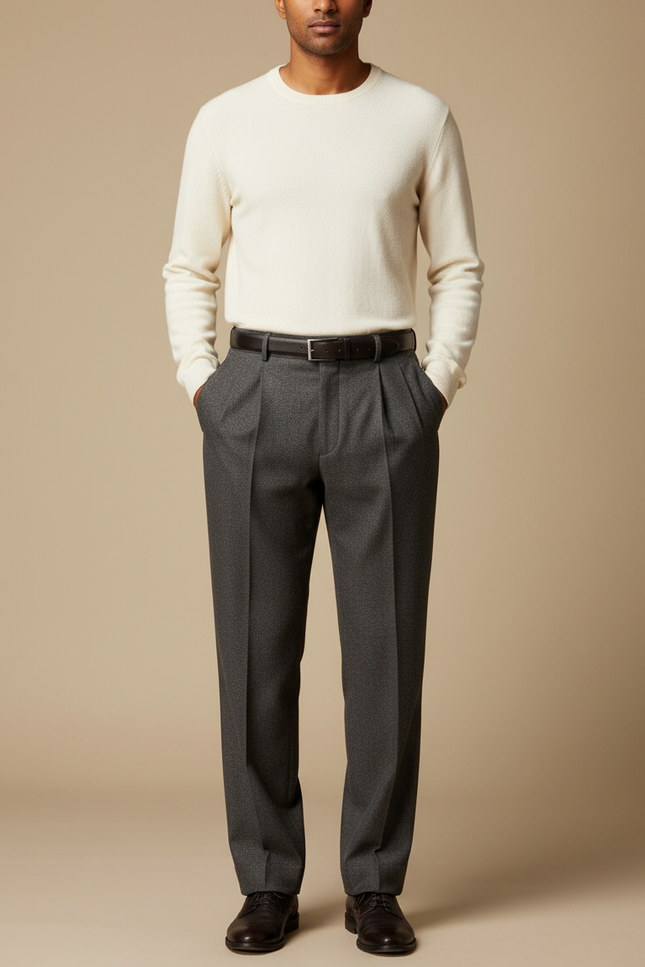 Pantalon À Pince Gris Anthracite Classique Plissé Homme - Laine