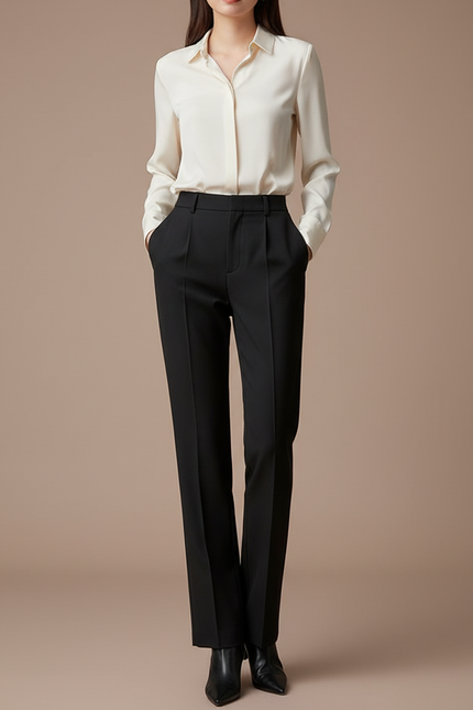 Pantalon À Pince Noir Droit Élégant Minimaliste Femme - Gabardine