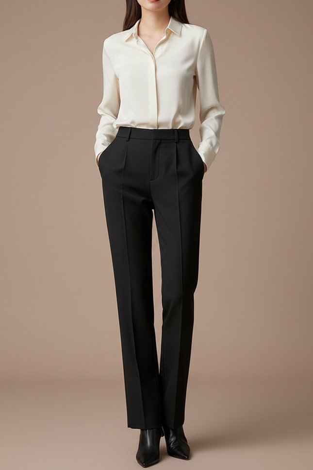 Pantalon À Pince Noir Droit Élégant Minimaliste Femme - Gabardine