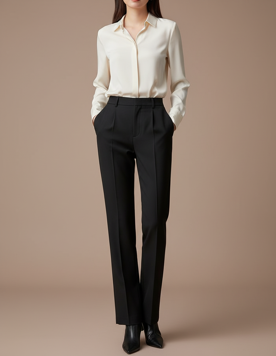 Pantalon À Pince Noir Droit Élégant Minimaliste Femme - Gabardine