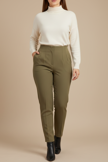Pantalon À Pince Kaki Taille Haute Élégant Femme - Polyester
