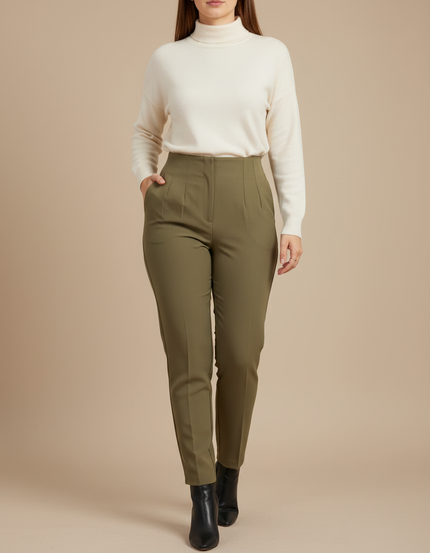Pantalon À Pince Kaki Taille Haute Élégant Femme - Polyester