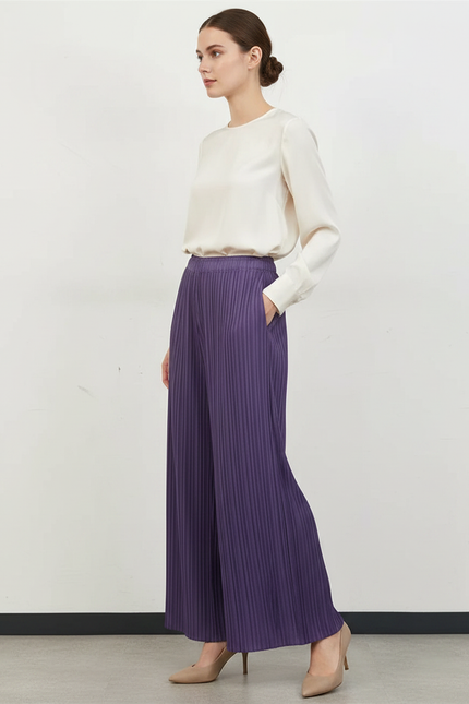 Pantalon À Pince Plissé Violet Ample Fluide Élégant - Polyester