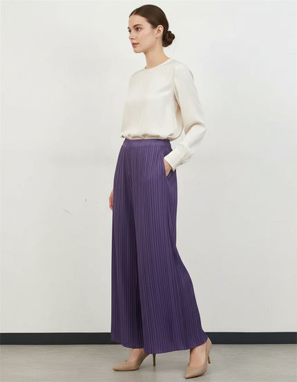 Pantalon À Pince Plissé Violet Ample Fluide Élégant - Polyester